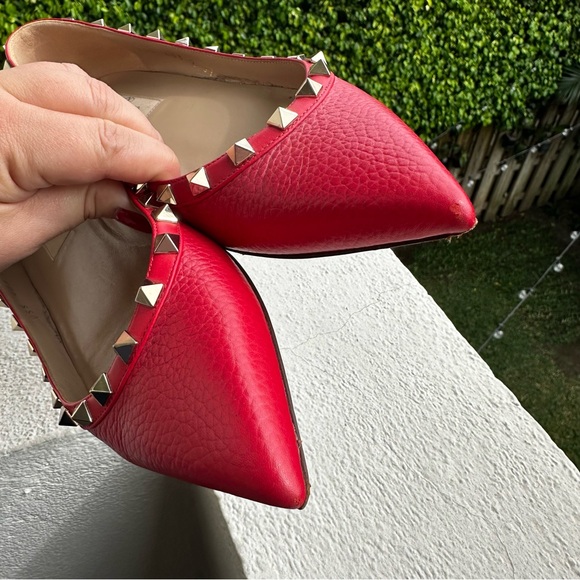 Valentino Women’s Red Leather Rock Stud Pointed Toe Flats Shoes Size 37 - Picture 7 of 10